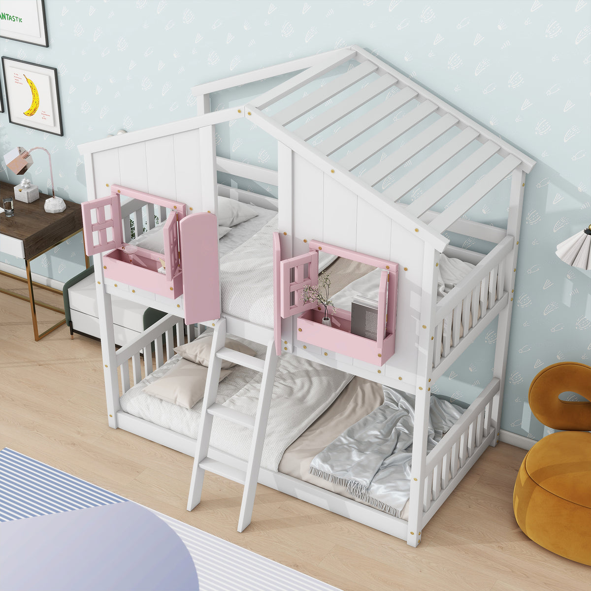 Twin House Bunk Bed with Ladder Pink White