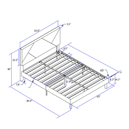 Queen Upholstered Platform Bed – Grey Wood Support