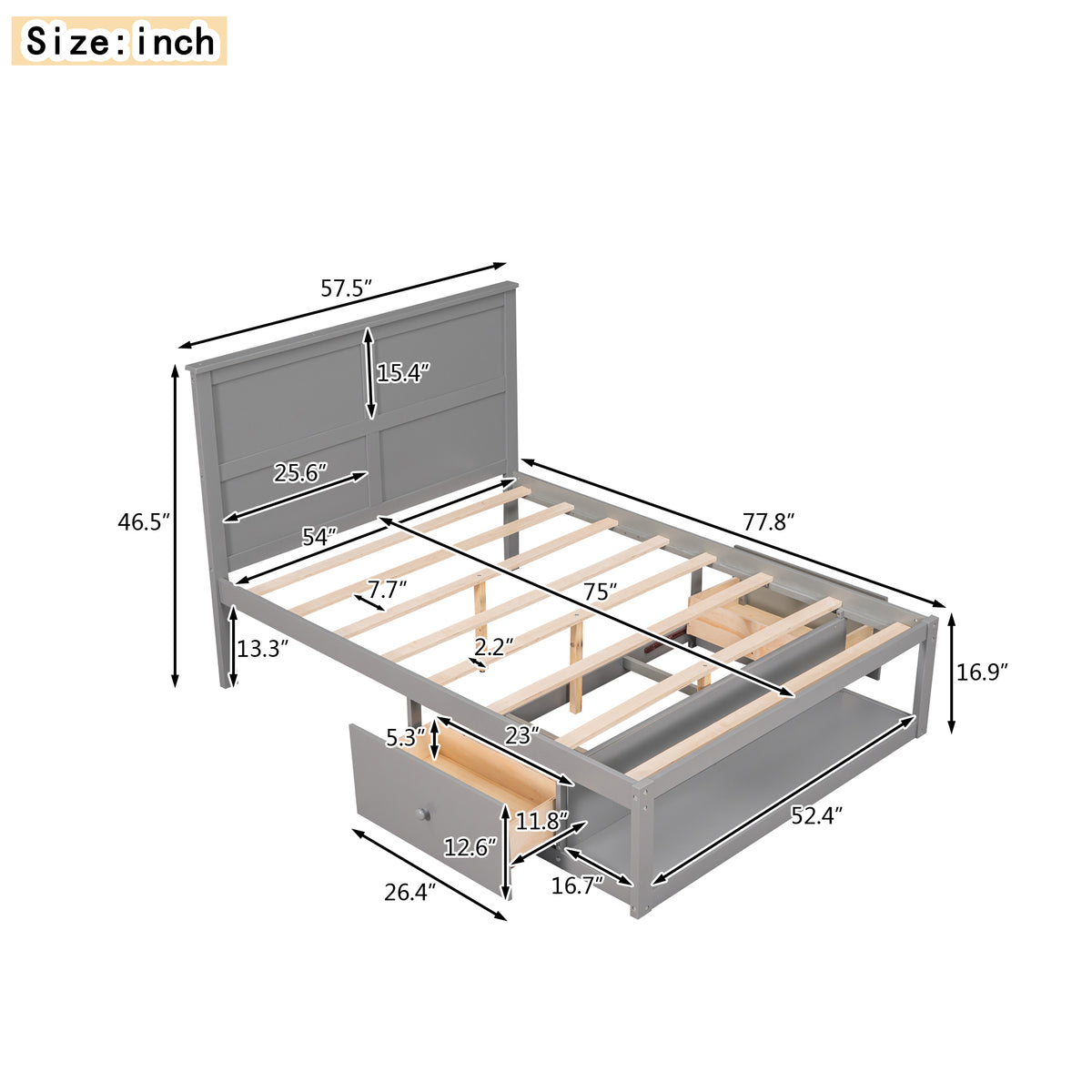 Full Platform Bed with Drawers – Gray Finish