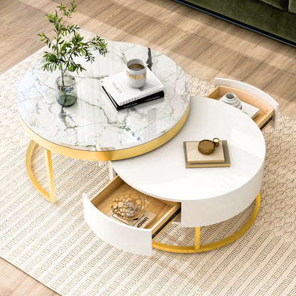 Round Nesting Coffee Table Set White Marble
