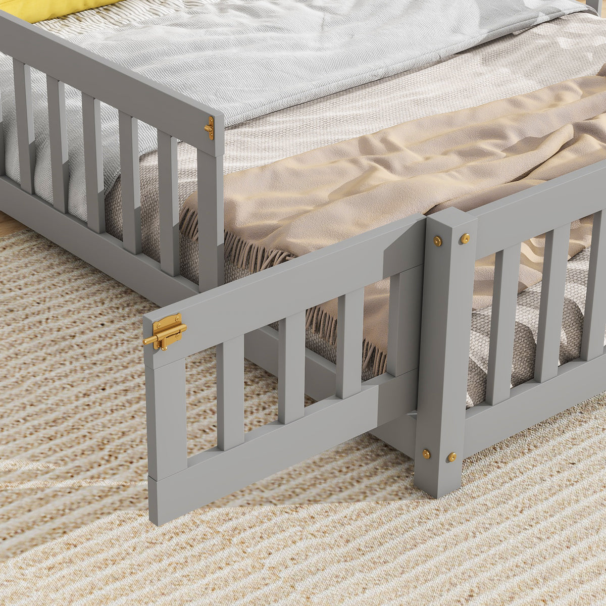 House Frame Bed with Fence Gray