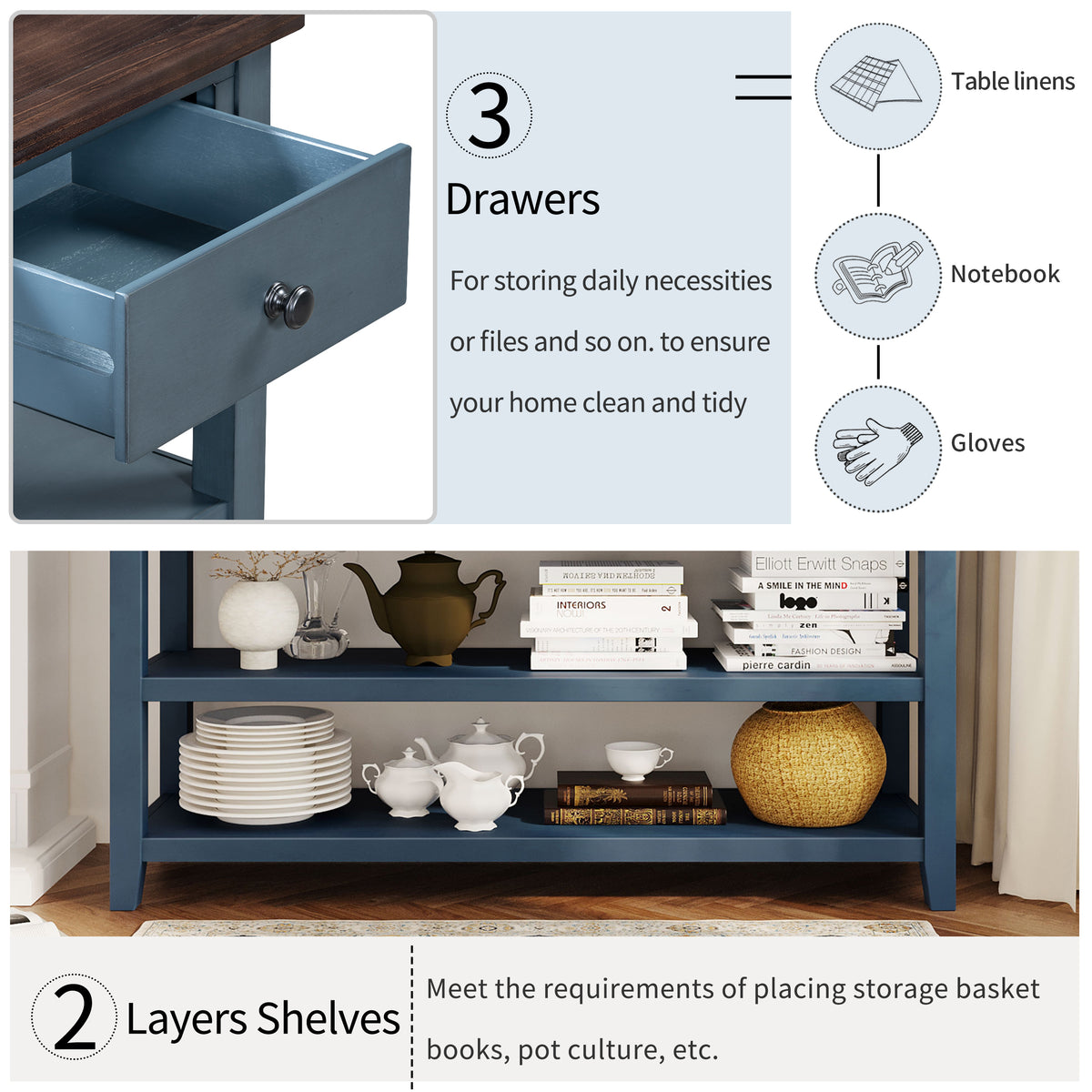 Retro Console Table with Shelves Navy Espresso