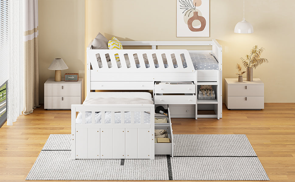L-Shaped Twin Loft Bed with Storage White
