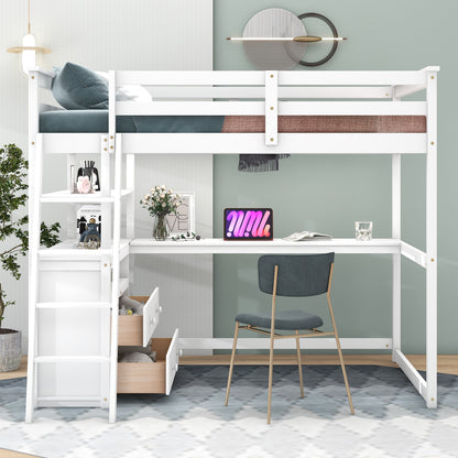 Full Loft Bed with Desk and Drawers White