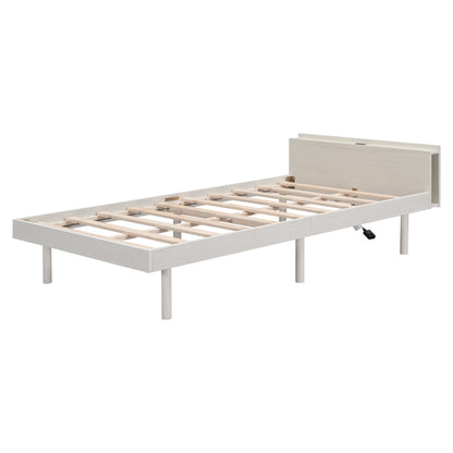 Twin Platform Bed with USB Ports White Wash