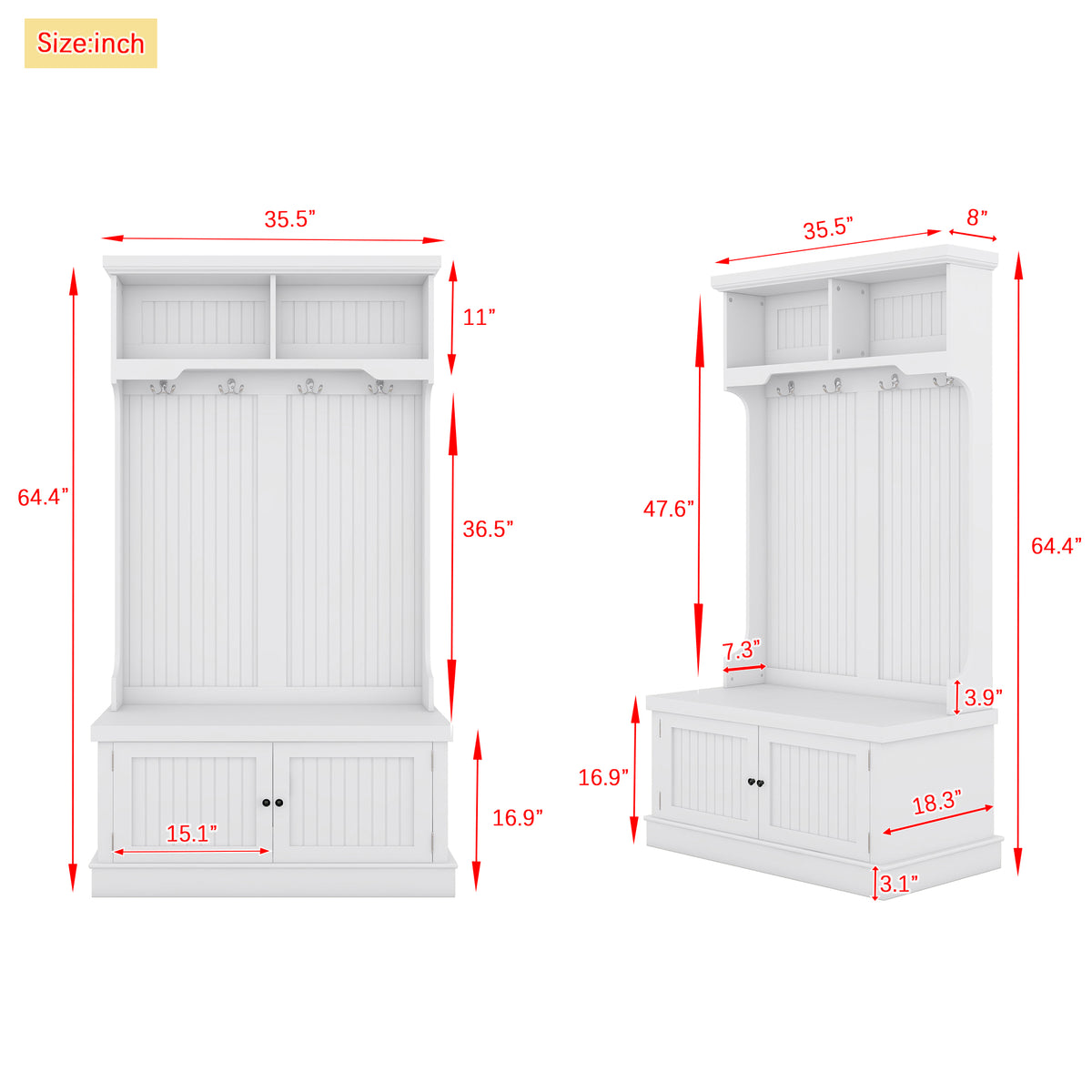 White Hall Tree Bench with Coat Hooks