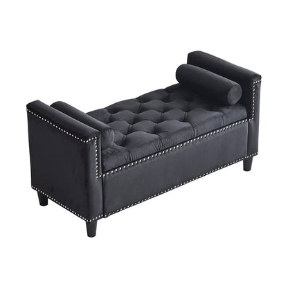 44-Inch Velvet Storage Bench with Armrests Black
