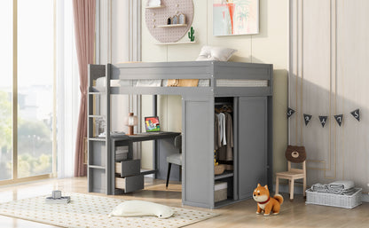 Full Loft Bed with Wardrobe Gray