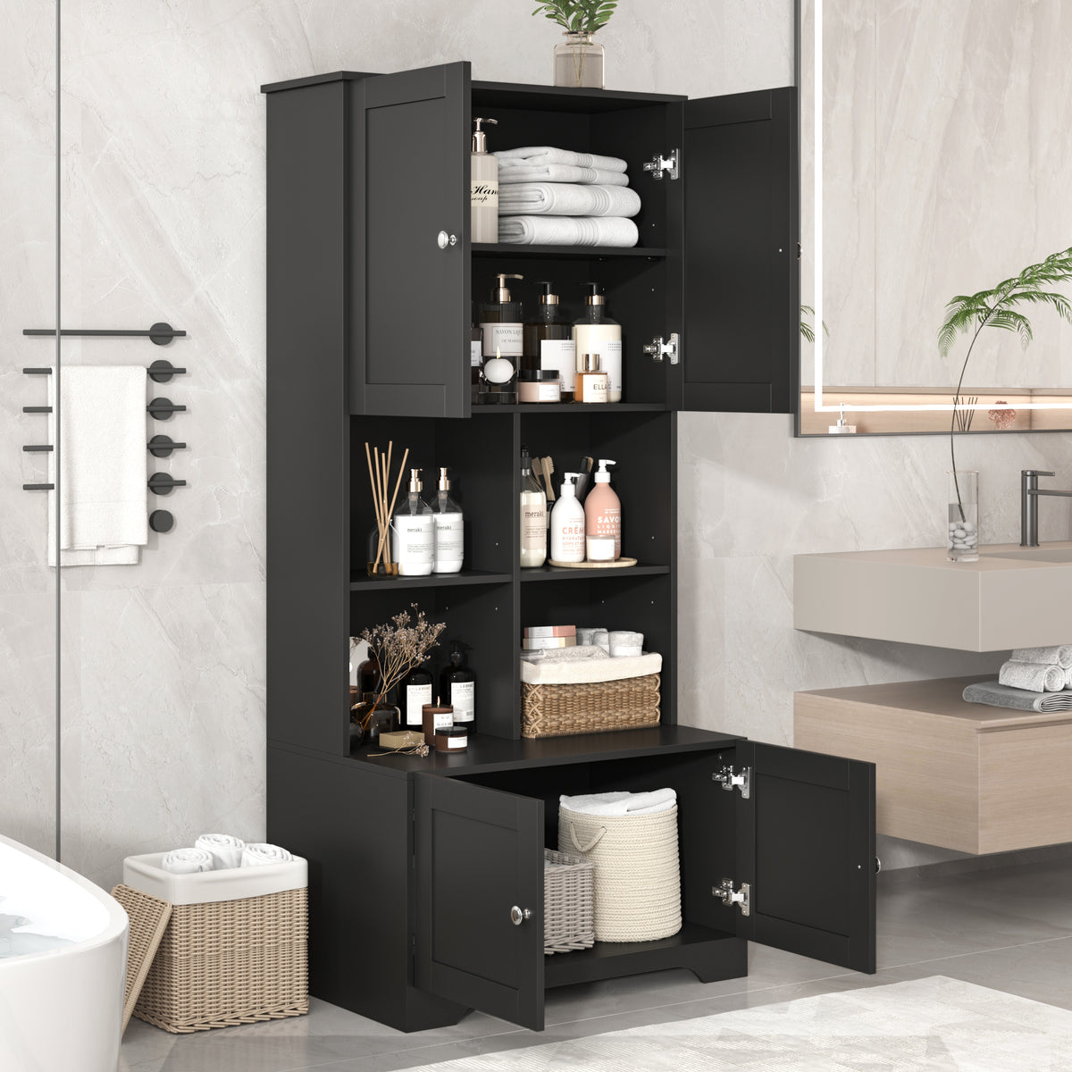 4-Door Bathroom Storage Cabinet Black Finish