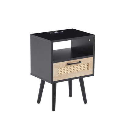 Rattan End Table with Drawer Black Legs
