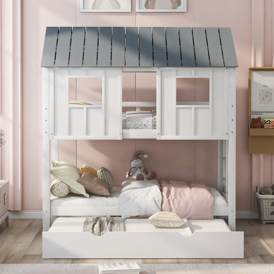 House Bunk Bed with Roof White