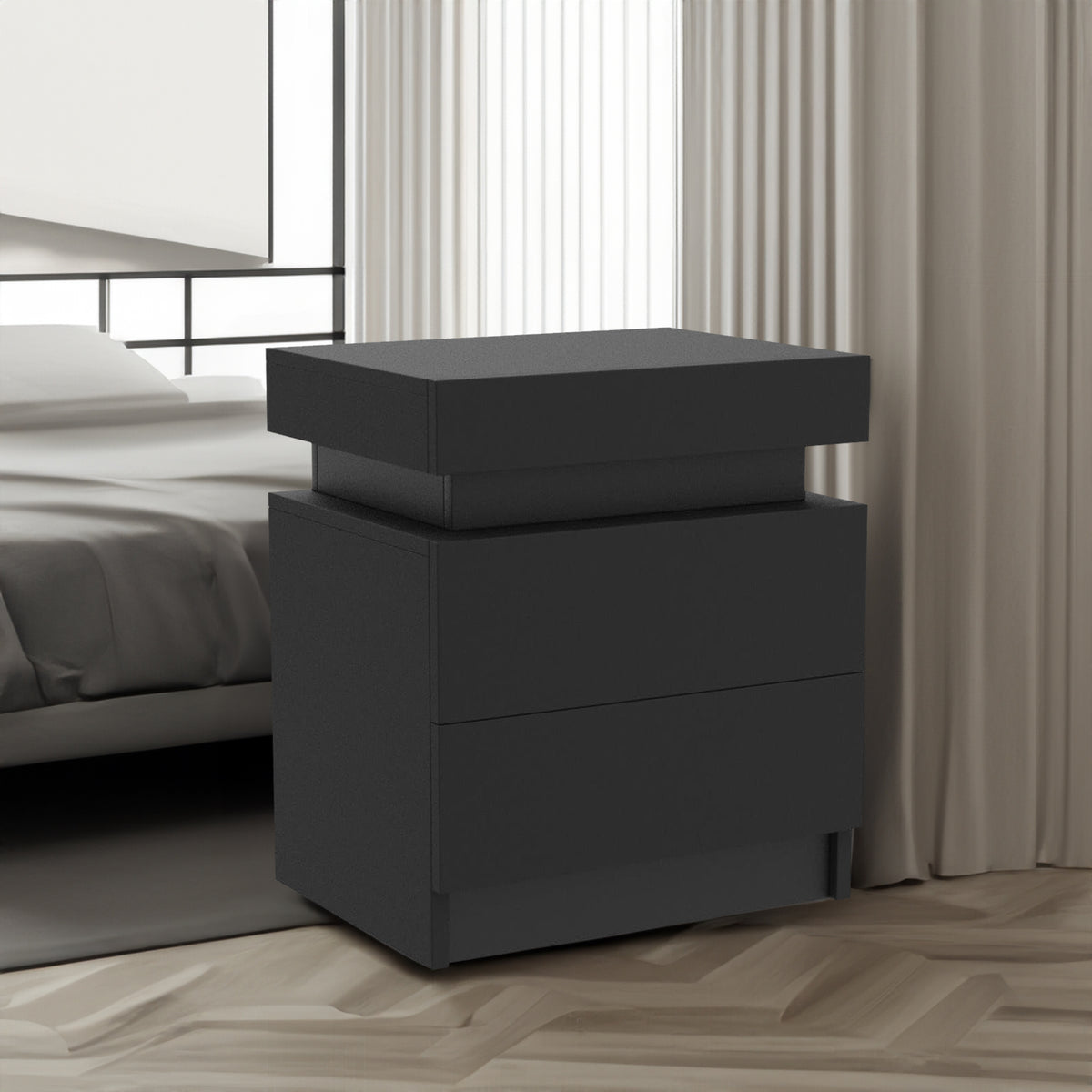 Black LED Nightstand with Storage Drawers