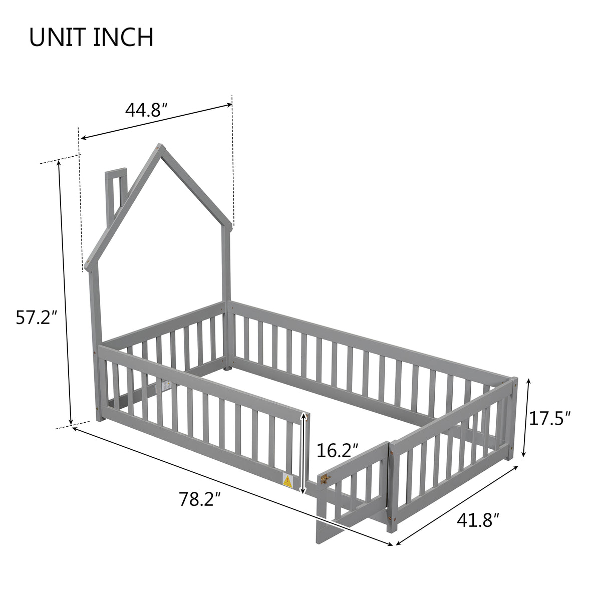 Twin House Bed with Fence Gray