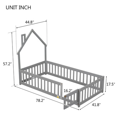 Twin House Bed with Fence Gray
