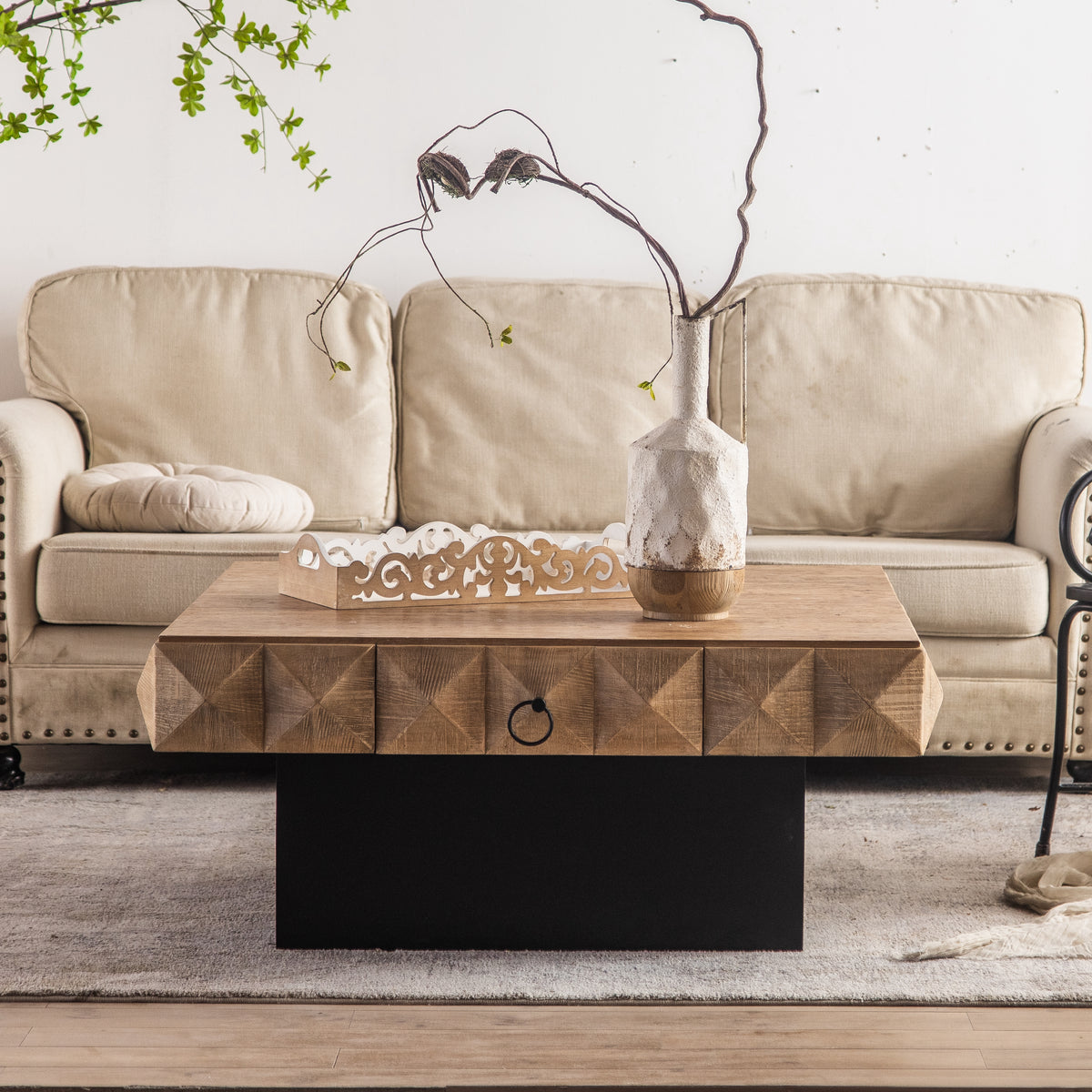 Retro Coffee Table with Drawers and Marble Top