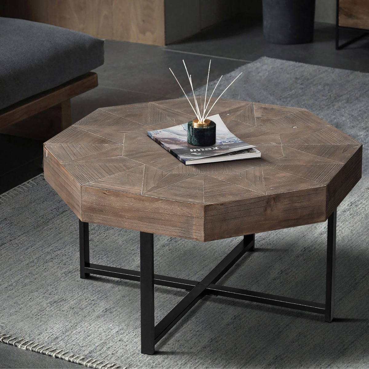 Octagonal Coffee Table with Cross Metal Base Brown