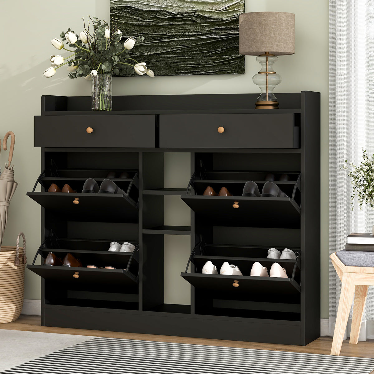 Modern Black Double-Layer Shoe Cabinet with Drawers