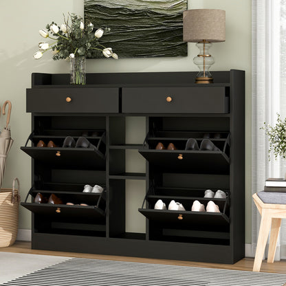 Modern Black Double-Layer Shoe Cabinet with Drawers