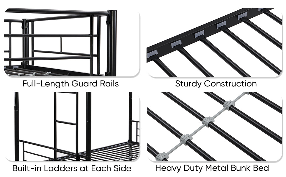 Full Metal Bunk Bed with Guardrails Black