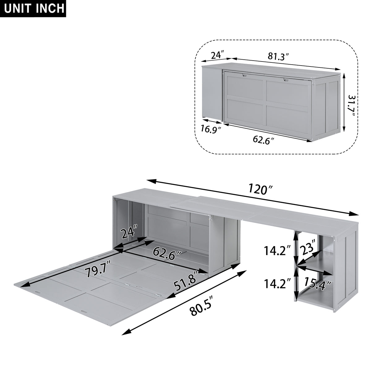 Queen Murphy Bed with Rotating Base Gray