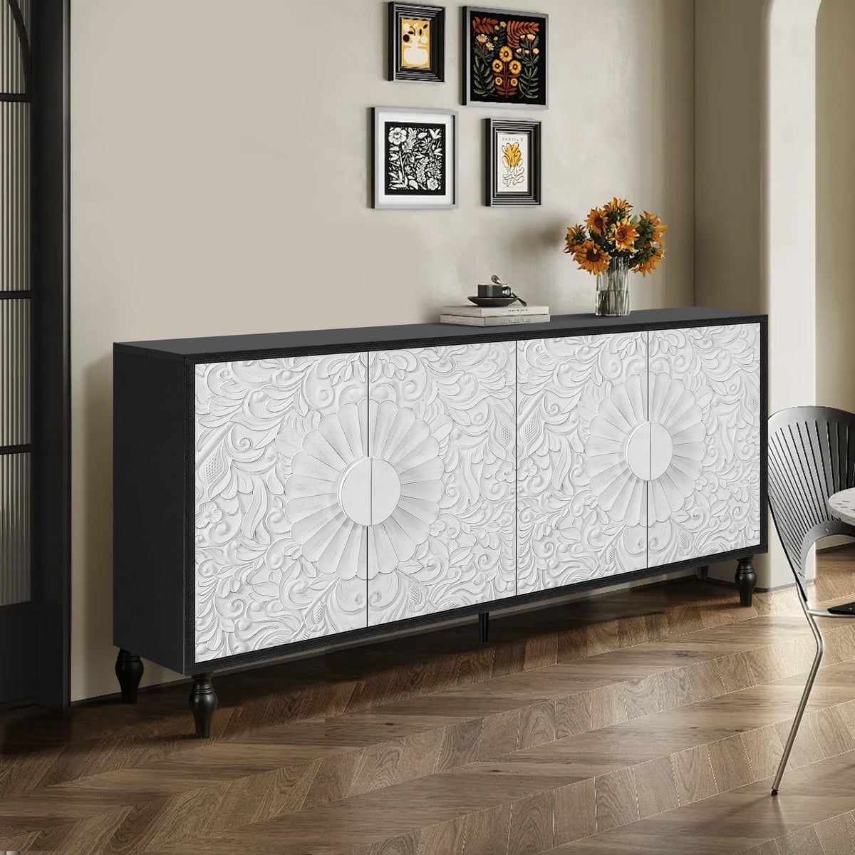 Vintage White Faceted Accent Cabinet with Black Frame