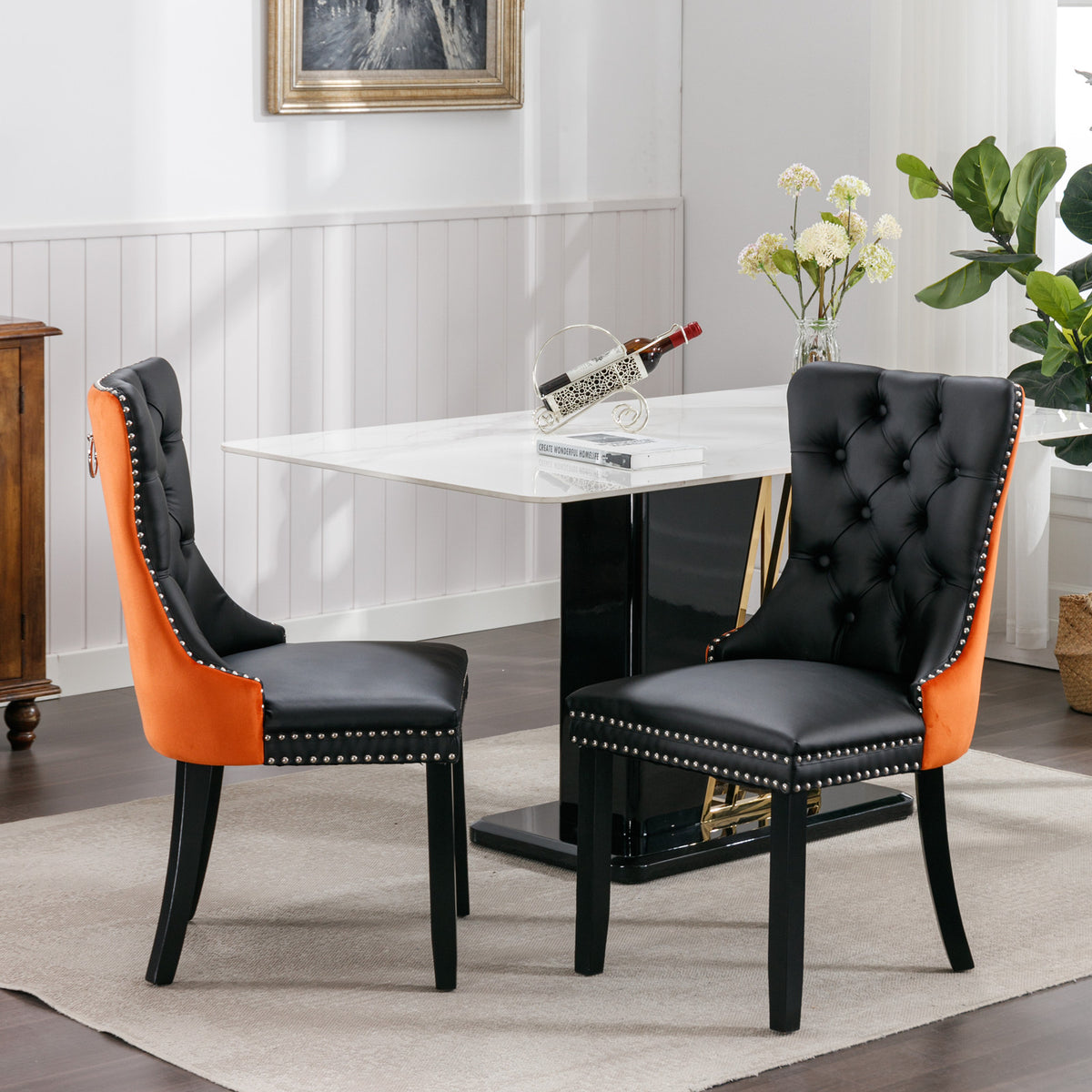 Nikki Tufted Linen Dining Chair Set (2 pcs) – Black and Orange