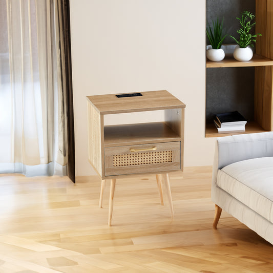 Rattan End Table with USB Ports and Drawer