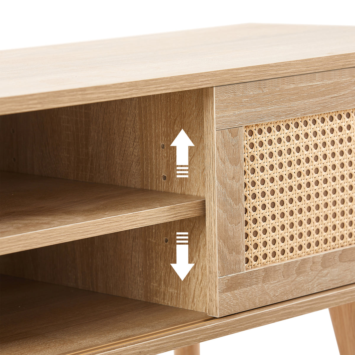 Rattan Wood TV Console – Adjustable Doors, Natural Finish
