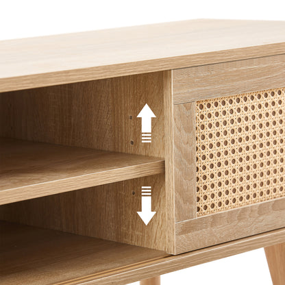 Rattan Wood TV Console – Adjustable Doors, Natural Finish