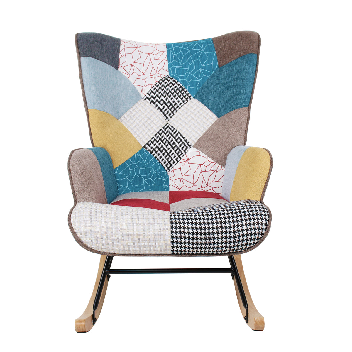 Mid-Century Rocking Chair with Ottoman – Patchwork Linen