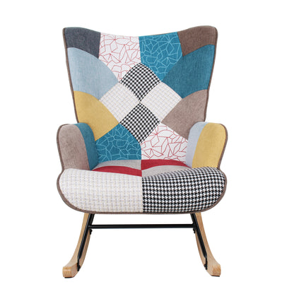 Mid-Century Rocking Chair with Ottoman – Patchwork Linen