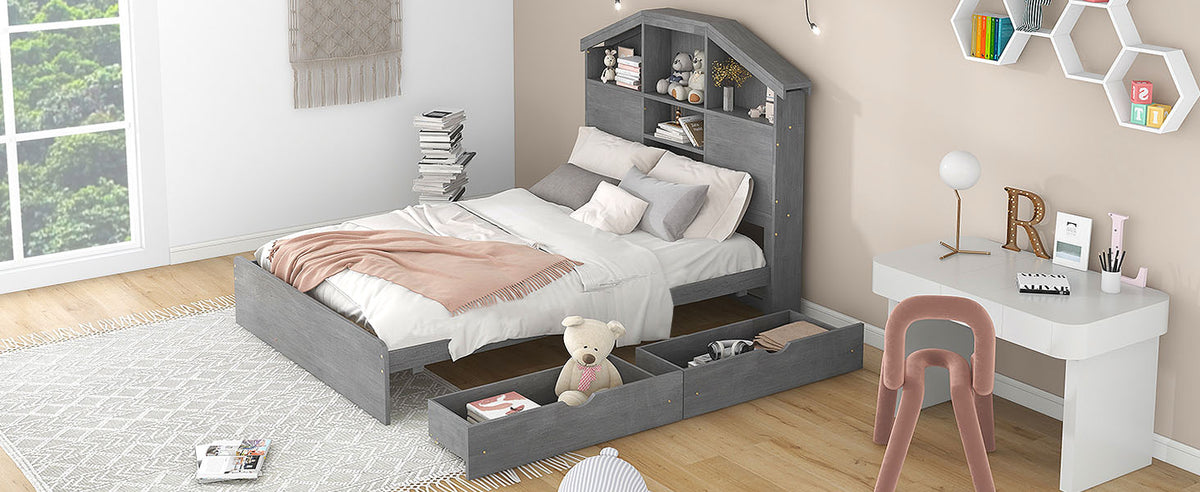 Full Platform Bed with Storage Headboard Gray