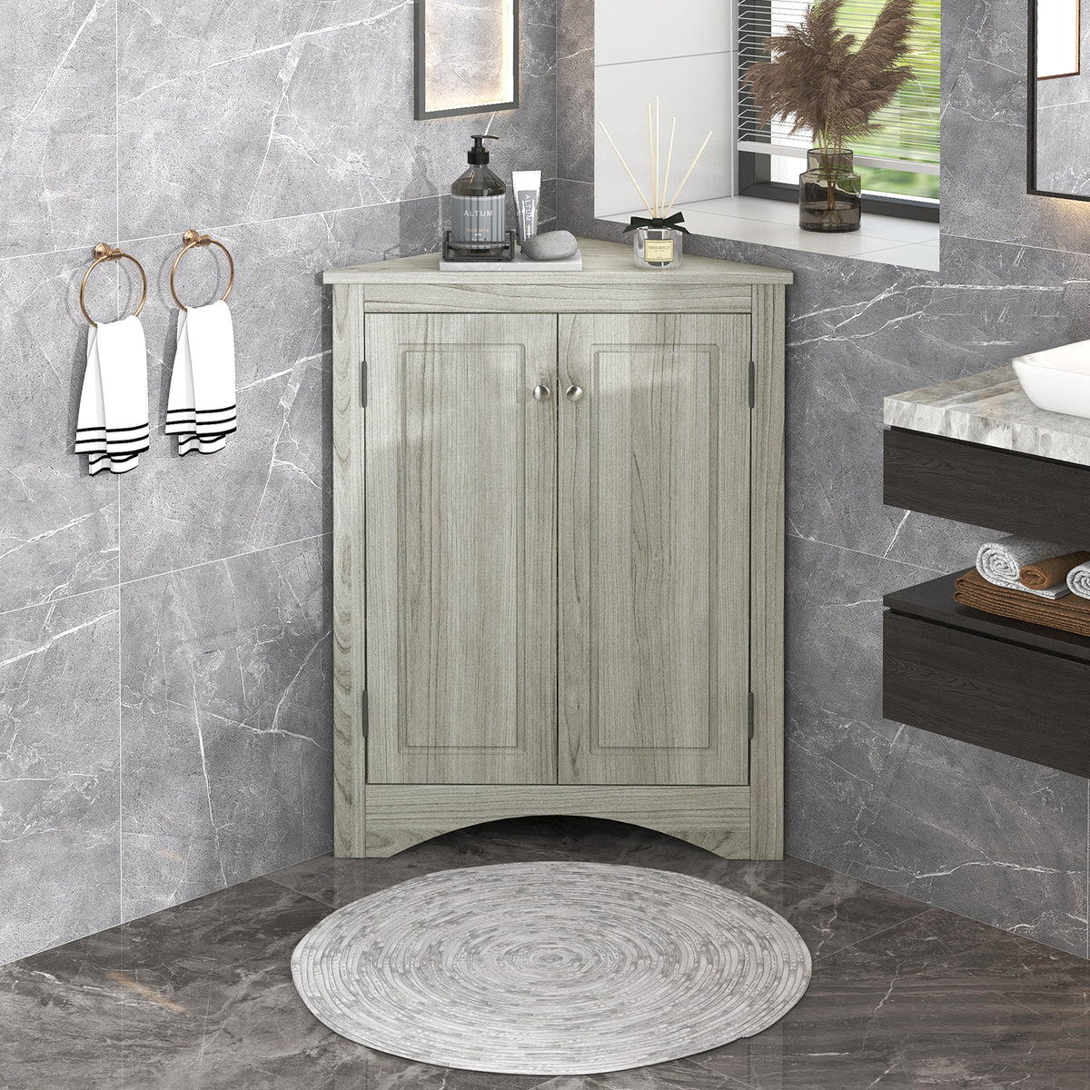 Oak Corner Bathroom Cabinet with Shelves