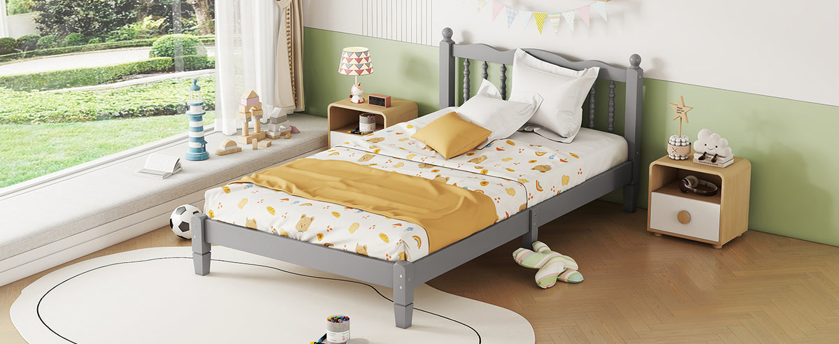 Twin Platform Bed with Slatted Headboard Gray