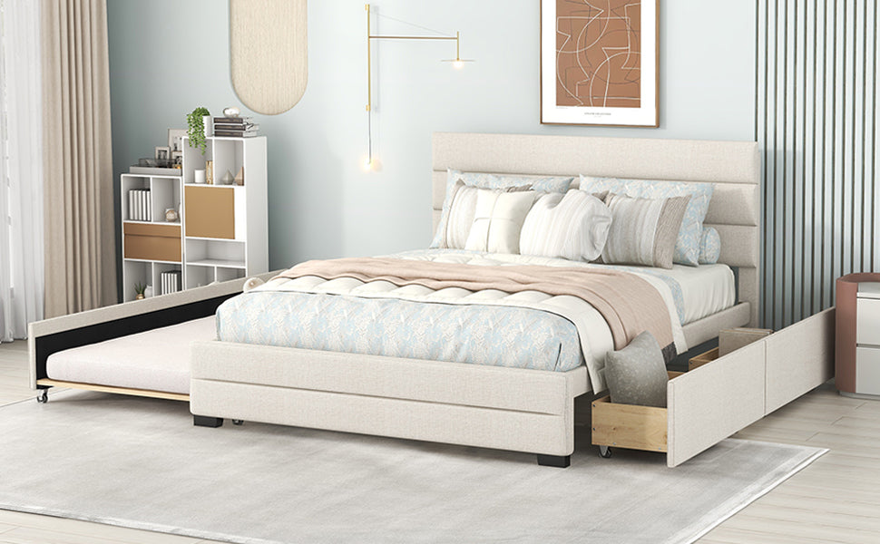 Queen Upholstered Bed with Twin Size Trundle Beige