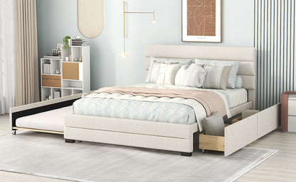 Queen Upholstered Bed with Twin Size Trundle Beige