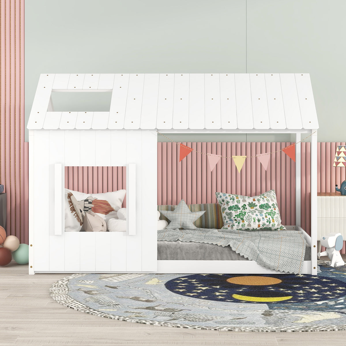Twin House Bed with Roof Frame White