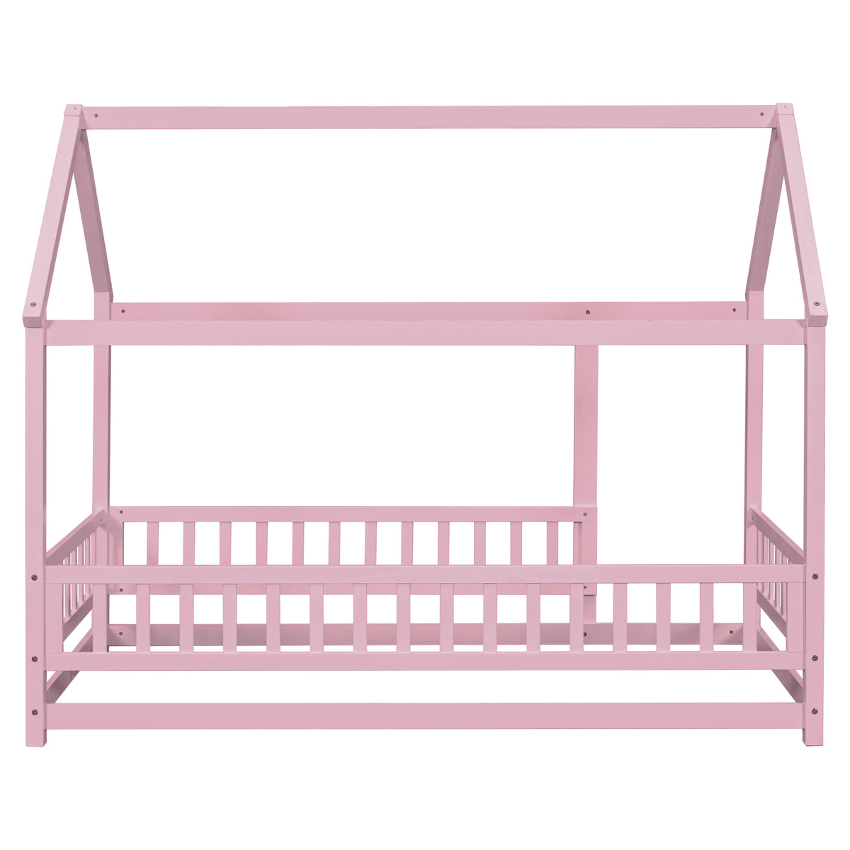 Twin Floor Bed with Fence Guardrails Pink
