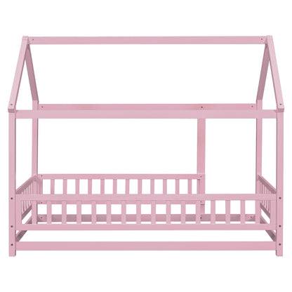 Twin Floor Bed with Fence Guardrails Pink