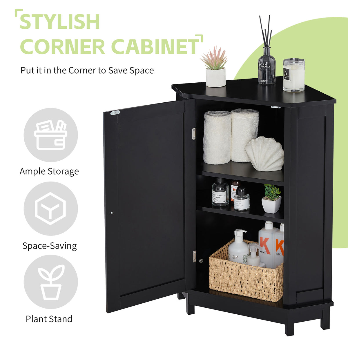 Black Corner Bathroom Storage Cabinet Adjustable Shelves
