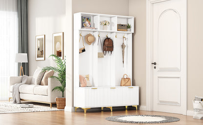 Luxury Storage Hall Bench with Gold Hooks Gray