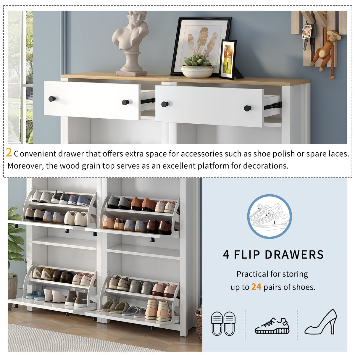 Ultra-Slim White Shoe Cabinet with Flip Drawers