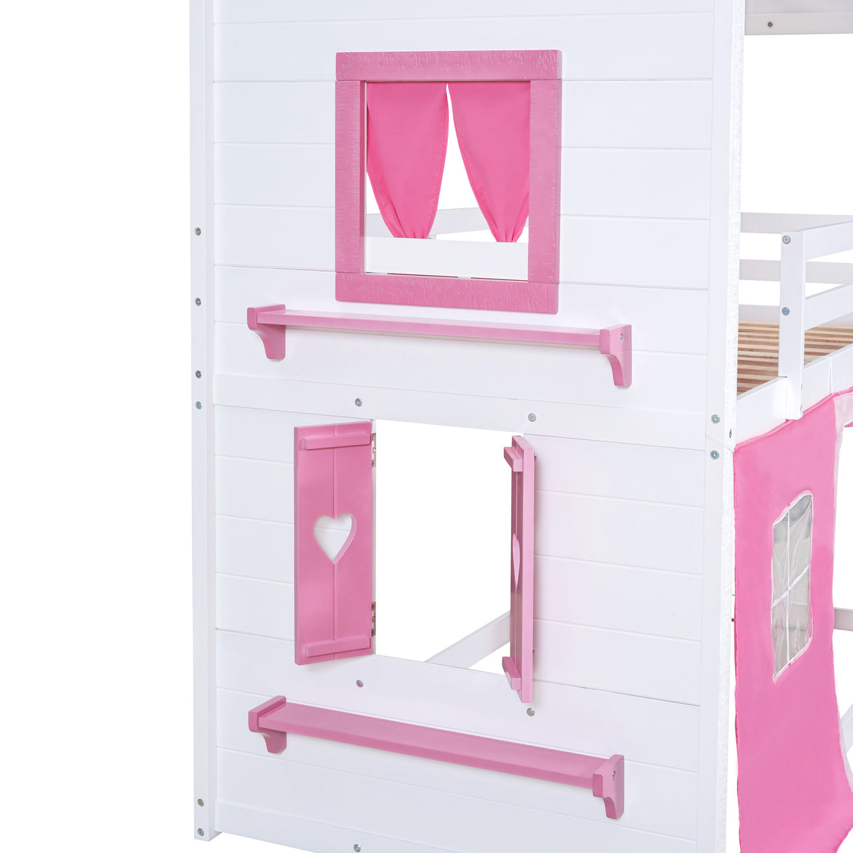 Twin Bunk Bed with Tent Pink White