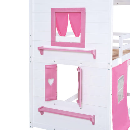 Twin Bunk Bed with Tent Pink White
