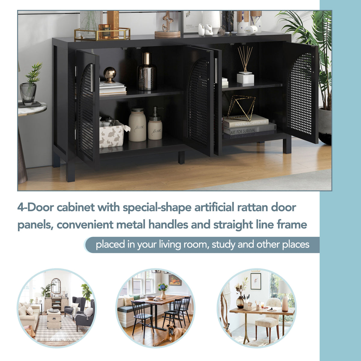 Storage Sideboard with Rattan Doors Black