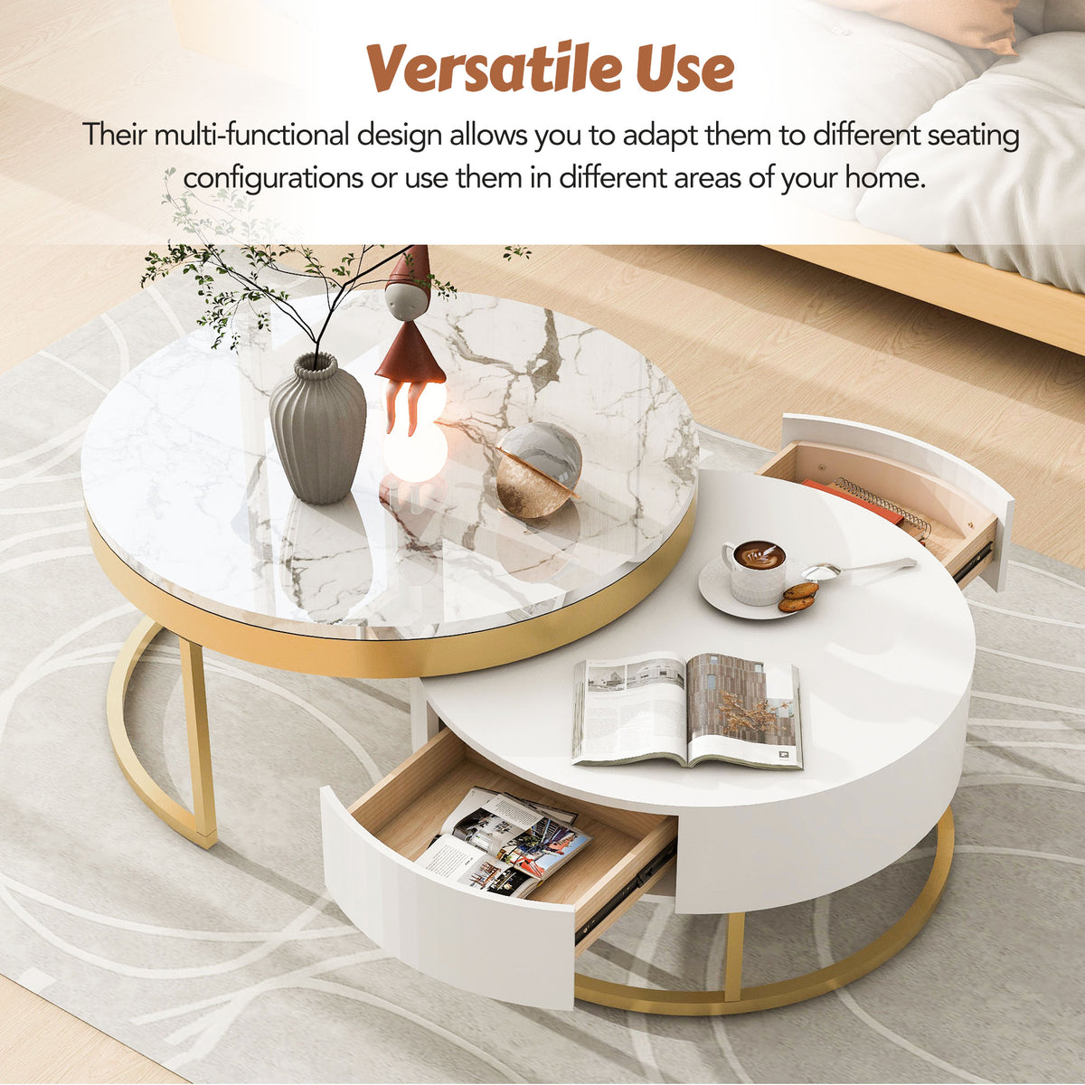 Round Nesting Coffee Table Set White Marble