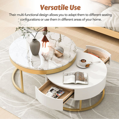 Round Nesting Coffee Table Set White Marble