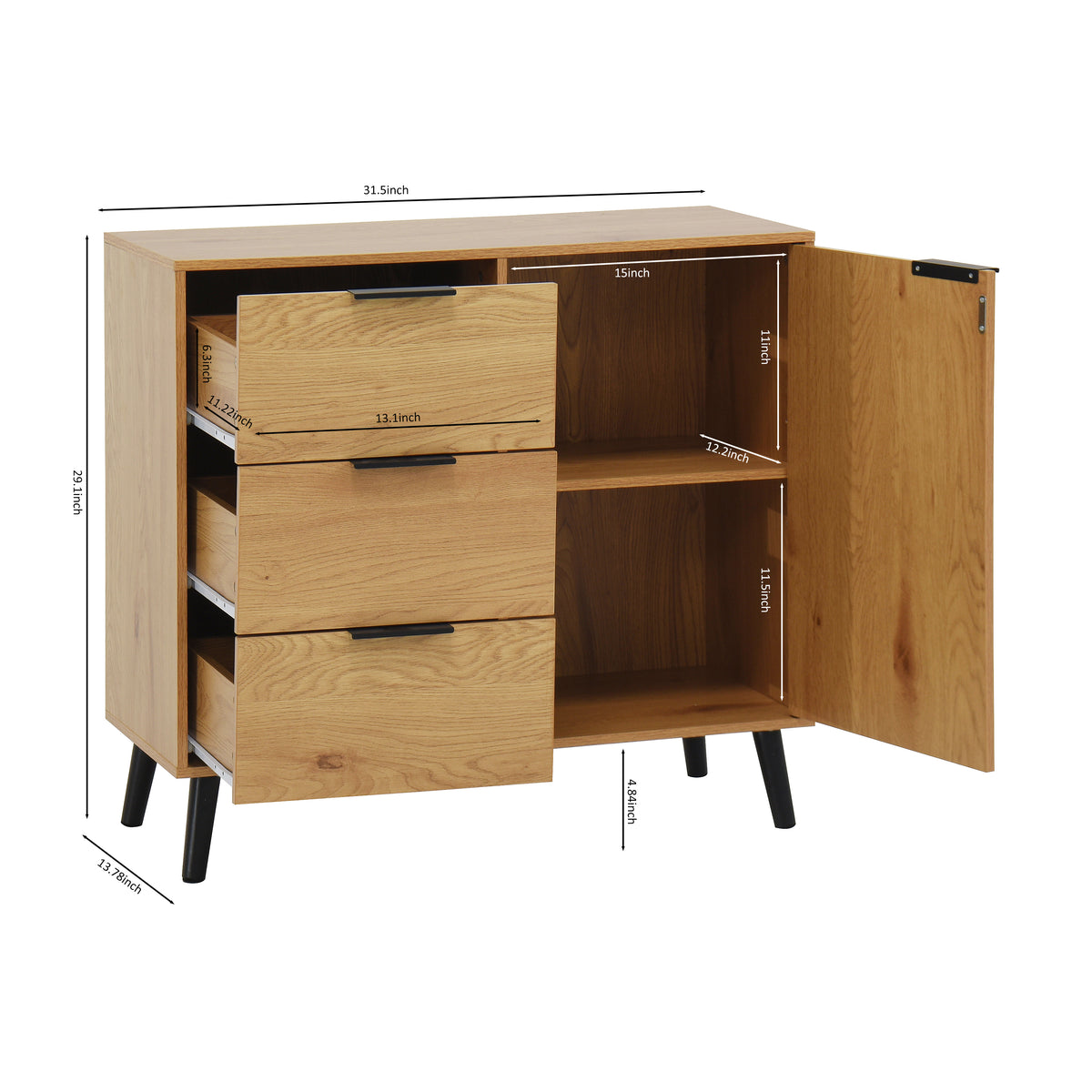 Natural Wood Storage Cabinet with Drawers and Doors