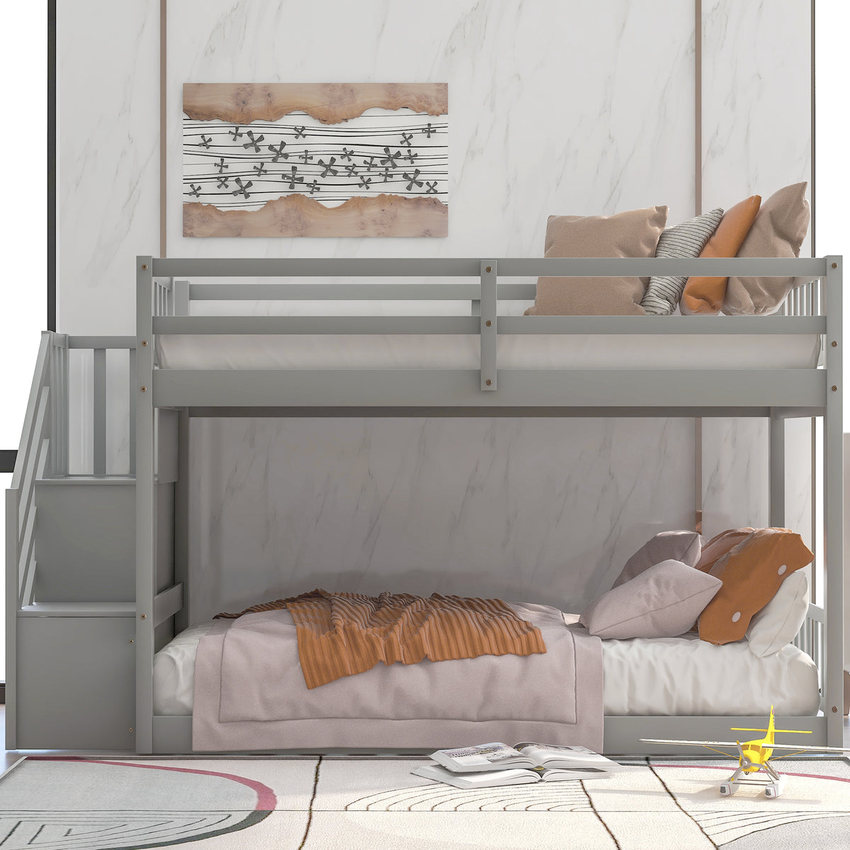 Twin Floor Bunk Bed with Ladder Gray
