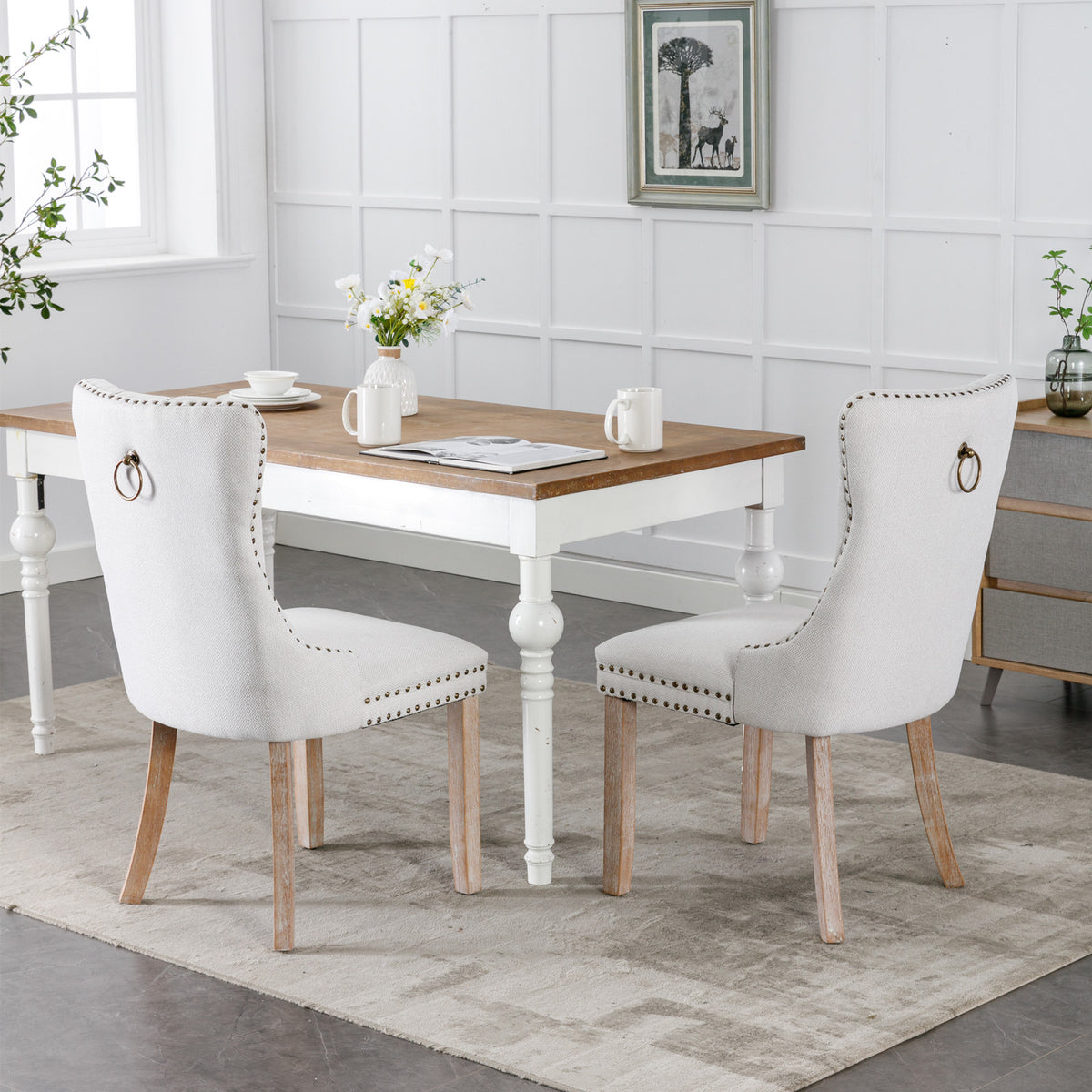 Nikki Tufted Linen Dining Chair Set (2 pcs) – Beige and Gray